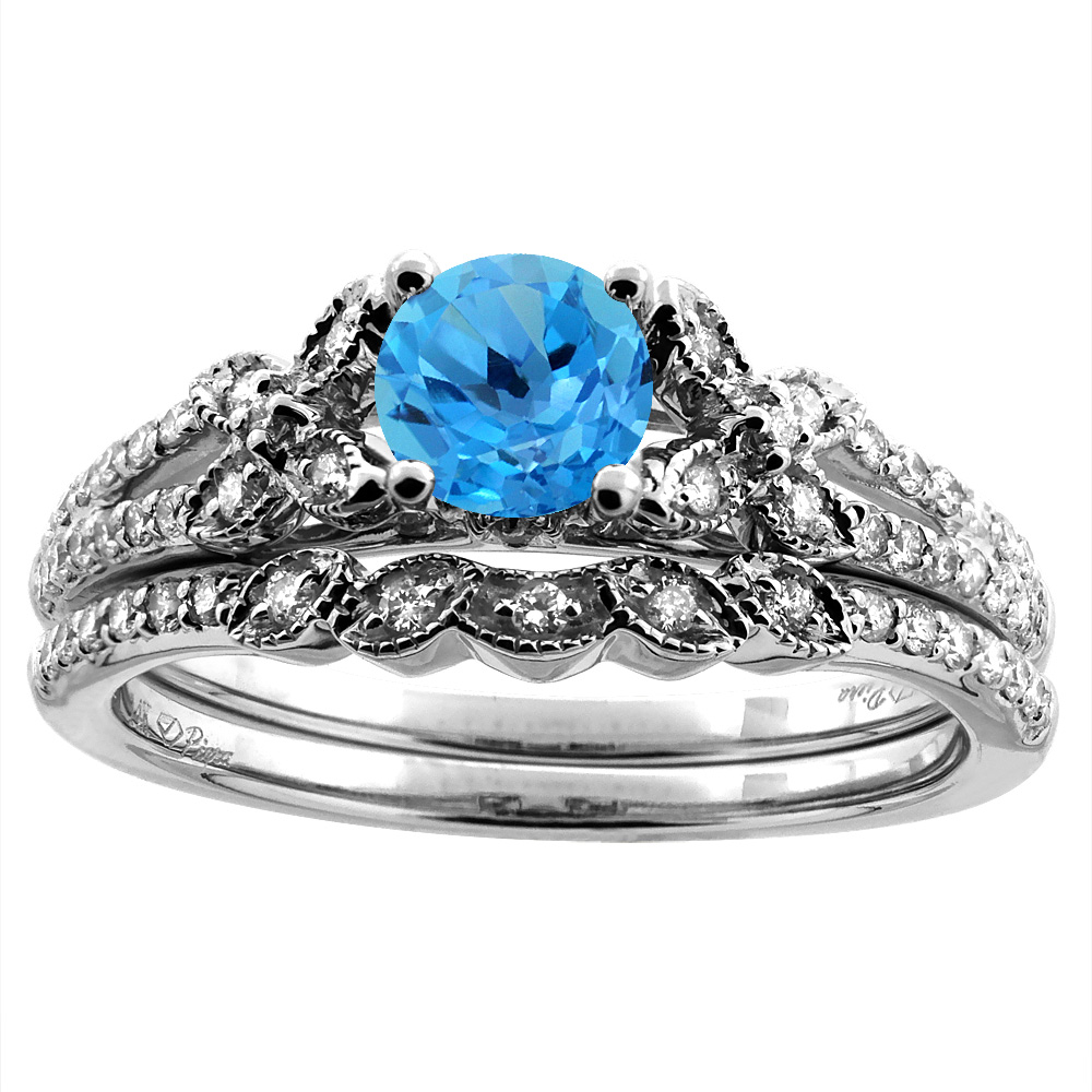 14K White/Yellow Gold Floral Diamond Natural Swiss Blue Topaz 2pc Engagement Ring Set Round 5 mm,size 5-10