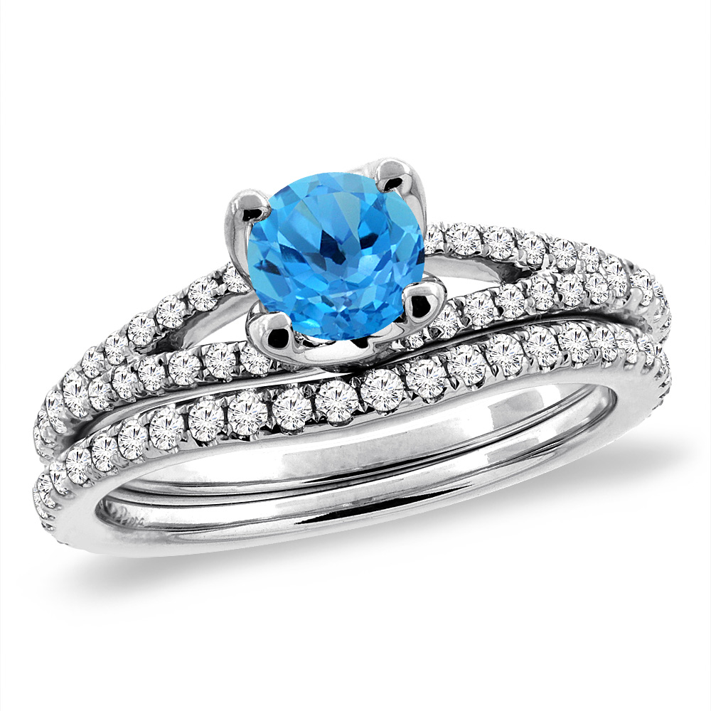 14K White Gold Diamond Natural Swiss Blue Topaz 2pc Engagement Ring Set Round 5 mm,size 5-10