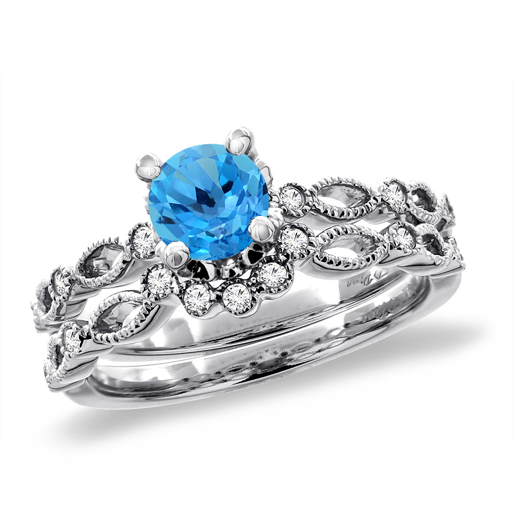14K White Gold Diamond Natural Swiss Blue Topaz 2pc Engagement Ring Set Round 5 mm, sizes 5 - 10