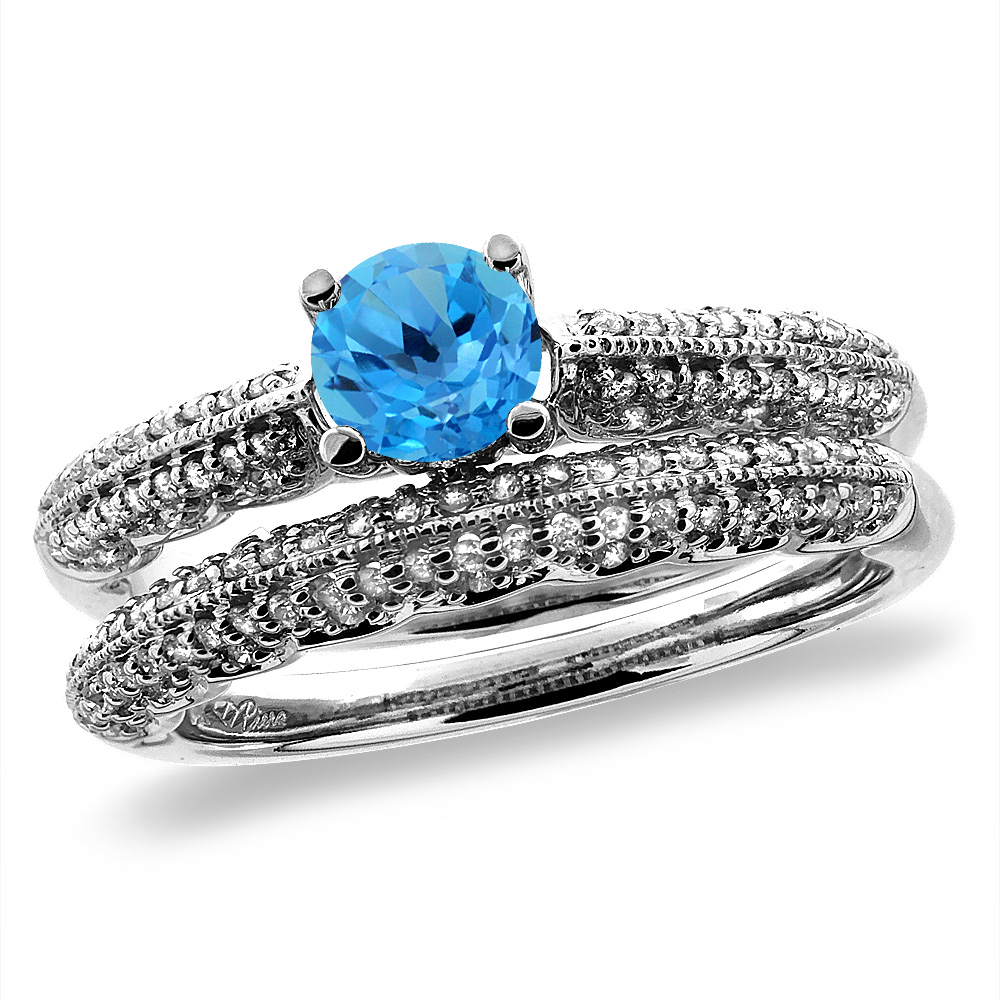 14K White/Yellow Gold Diamond Natural Swiss Blue Topaz 2pc Engagement Ring Set Round 5mm,size5-10