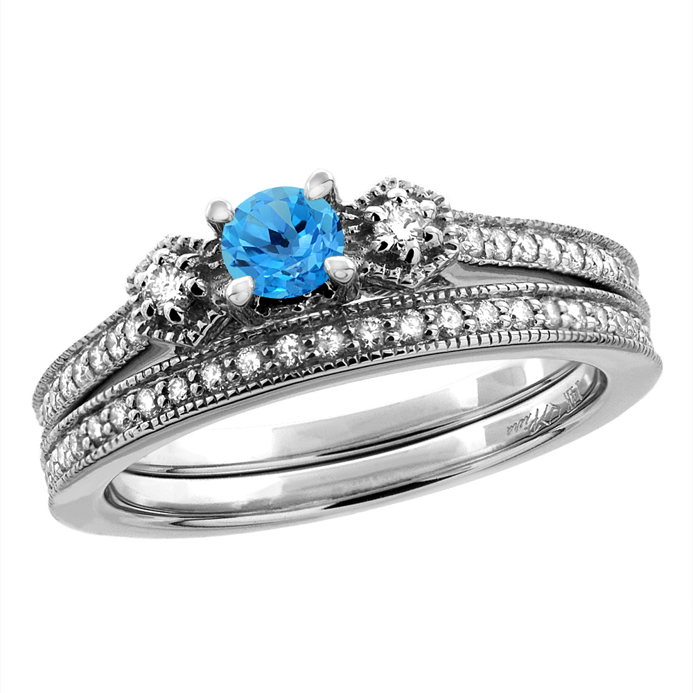 14K White/Yellow Gold Diamond Natural Swiss BlueTopaz 2pc Engagement Ring Set Round 4 mm, sizes 5 - 10