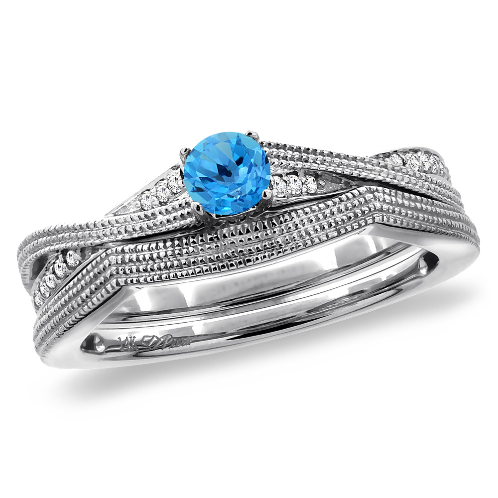 14K White Gold Diamond Natural Swiss BlueTopaz 2pc Engagement Ring Set Round 4 mm, sizes 5 - 10