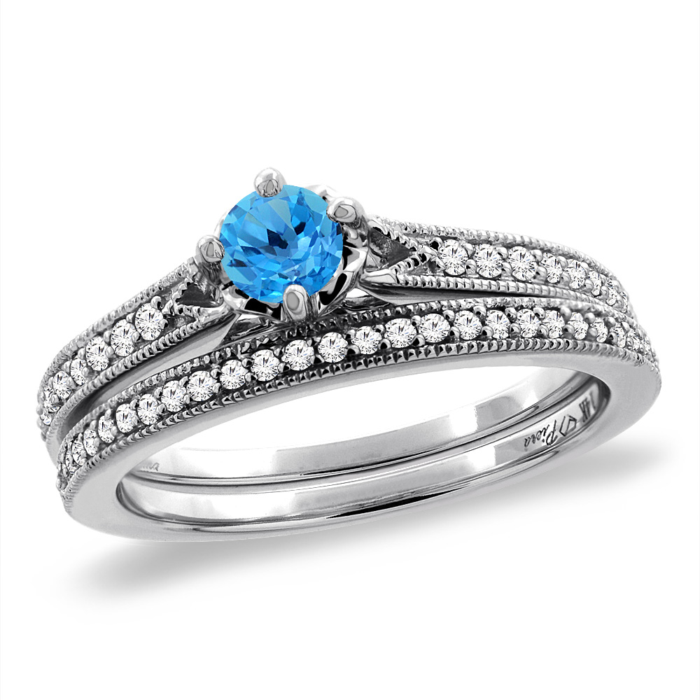 14K White Gold Diamond Natural Swiss BlueTopaz 2pc Engagement Ring Set Round 4 mm, sizes 5 - 10
