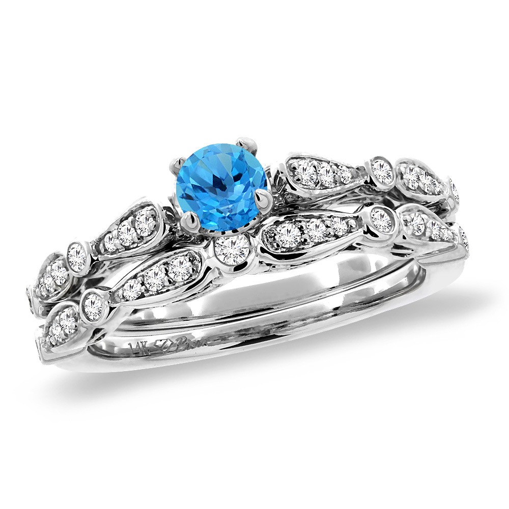 14K White Gold Diamond Natural Swiss BlueTopaz 2pc Engagement Ring Set Round 4 mm, size5-10