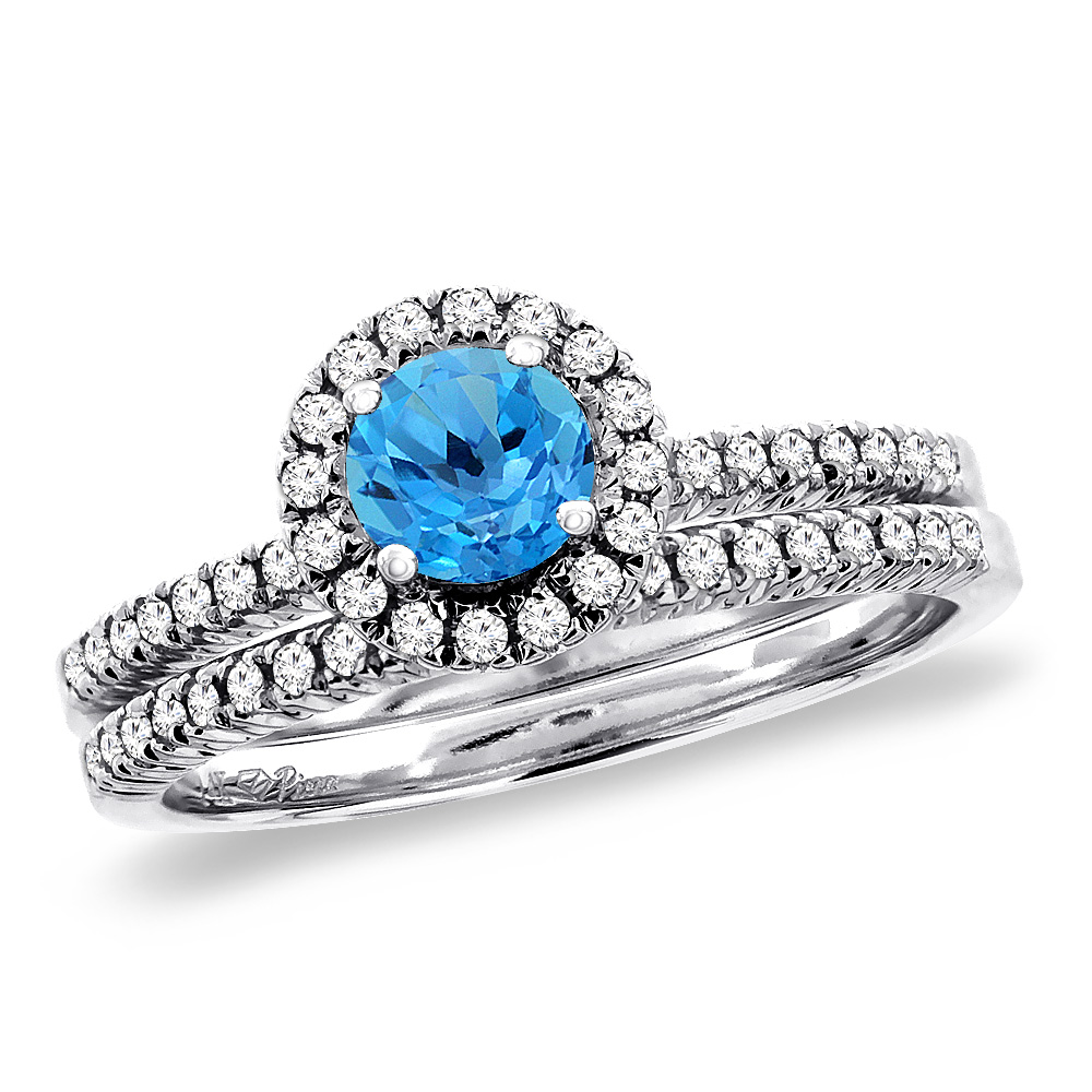 14K White Gold Diamond Natural Swiss BlueTopaz 2pc Halo Engagement Ring Set Round 4 mm, size5-10