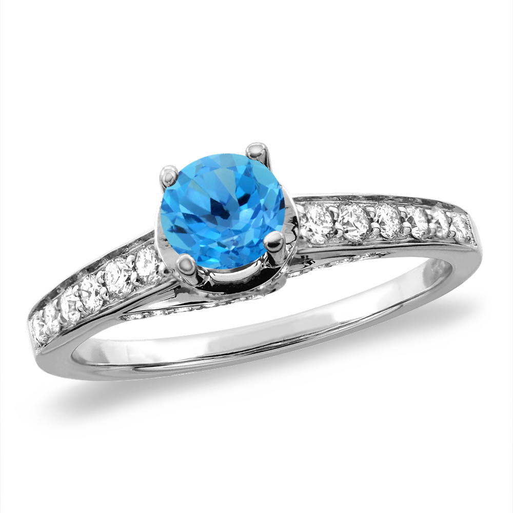 14K White/Yellow Gold Diamond Natural Swiss Blue Topaz Engagement Ring Round 4 mm,size 5 -10
