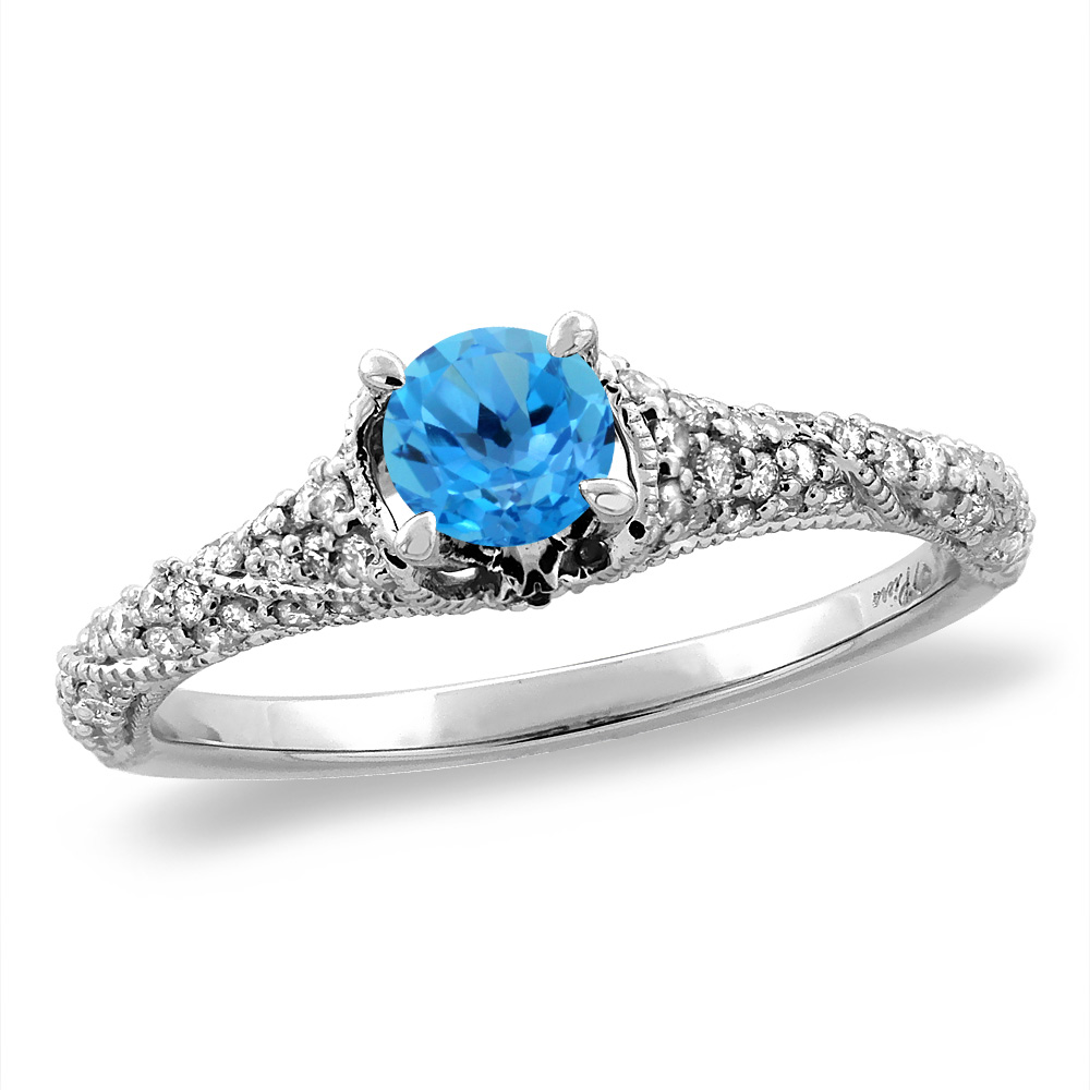 14K White/Yellow Gold Diamond Natural Swiss Blue Topaz Engagement Ring Round 4 mm, sizes 5 -10