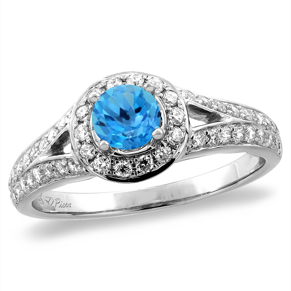 14K White/Yellow Gold Diamond Natural Swiss Blue Topaz Halo Engagement Ring Round 4 mm,size 5 -10
