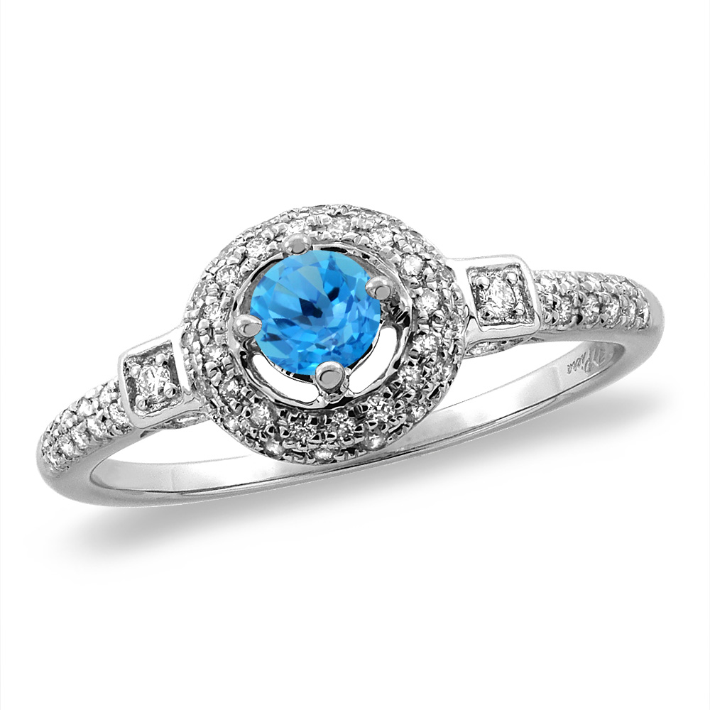 14K White/Yellow Gold Diamond Natural Swiss Blue Topaz Halo Engagement Ring Round 4 mm,size 5 -10