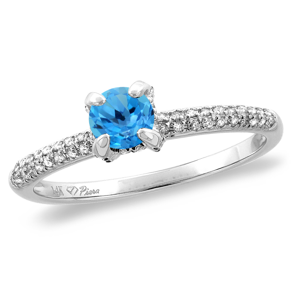 14K White/Yellow Gold Diamond Natural Swiss Blue Topaz Solitaire Engagement Ring Round 4 mm,size 5 -10