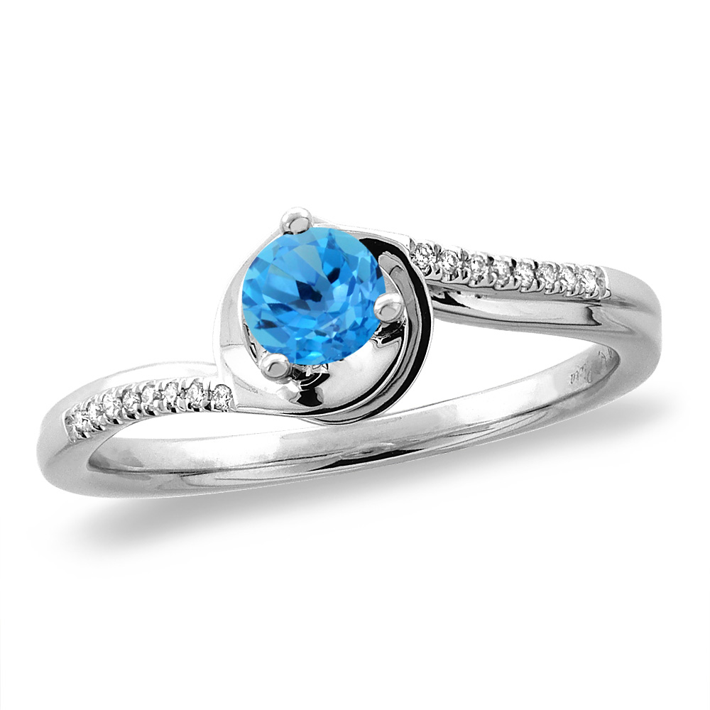 14K White/Yellow Gold Diamond Natural Swiss Blue Topaz Bypass Engagement Ring Round 4 mm,size 5 -10