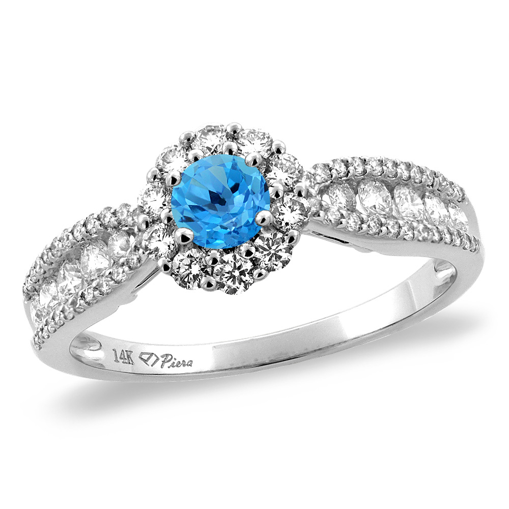 14K White/Yellow Gold Natural Swiss Blue Topaz Halo Engagement Ring Round 4 mm, sizes 5 -10