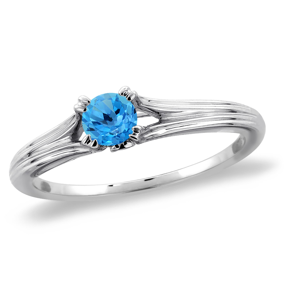 14K White Gold Diamond Natural Swiss Blue Topaz Solitaire Engagement Ring Round 4 mm, sizes 5 -10