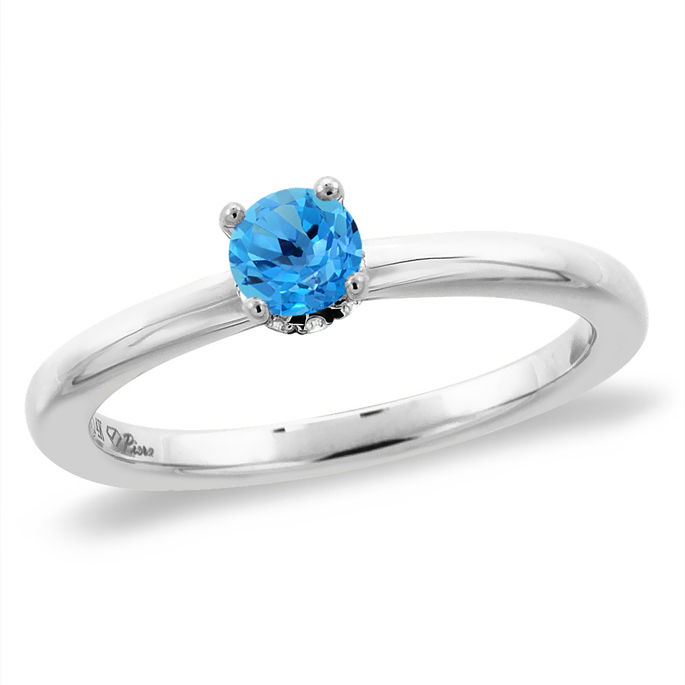 14K White Gold Diamond Natural Swiss Blue Topaz Solitaire Engagement Ring Round 4 mm, sizes 5 -10
