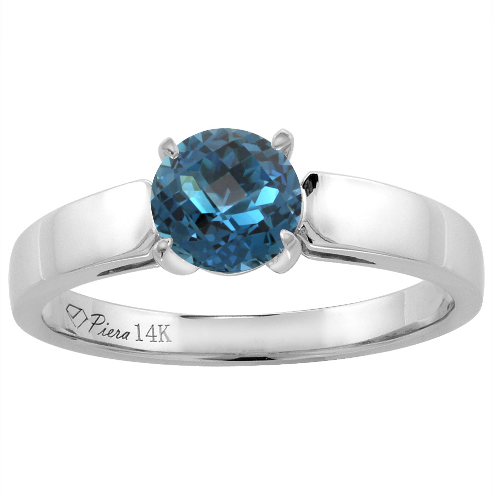 14K White Gold Natural London Blue Topaz Solitaire Engagement Ring Round 7 mm, sizes 5-10
