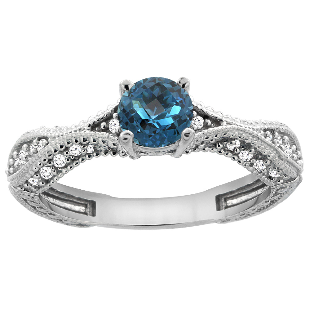 14K White Gold Natural London Blue Topaz Round 5mm Engraved Engagement Ring Diamond Accents, sizes 5 - 10