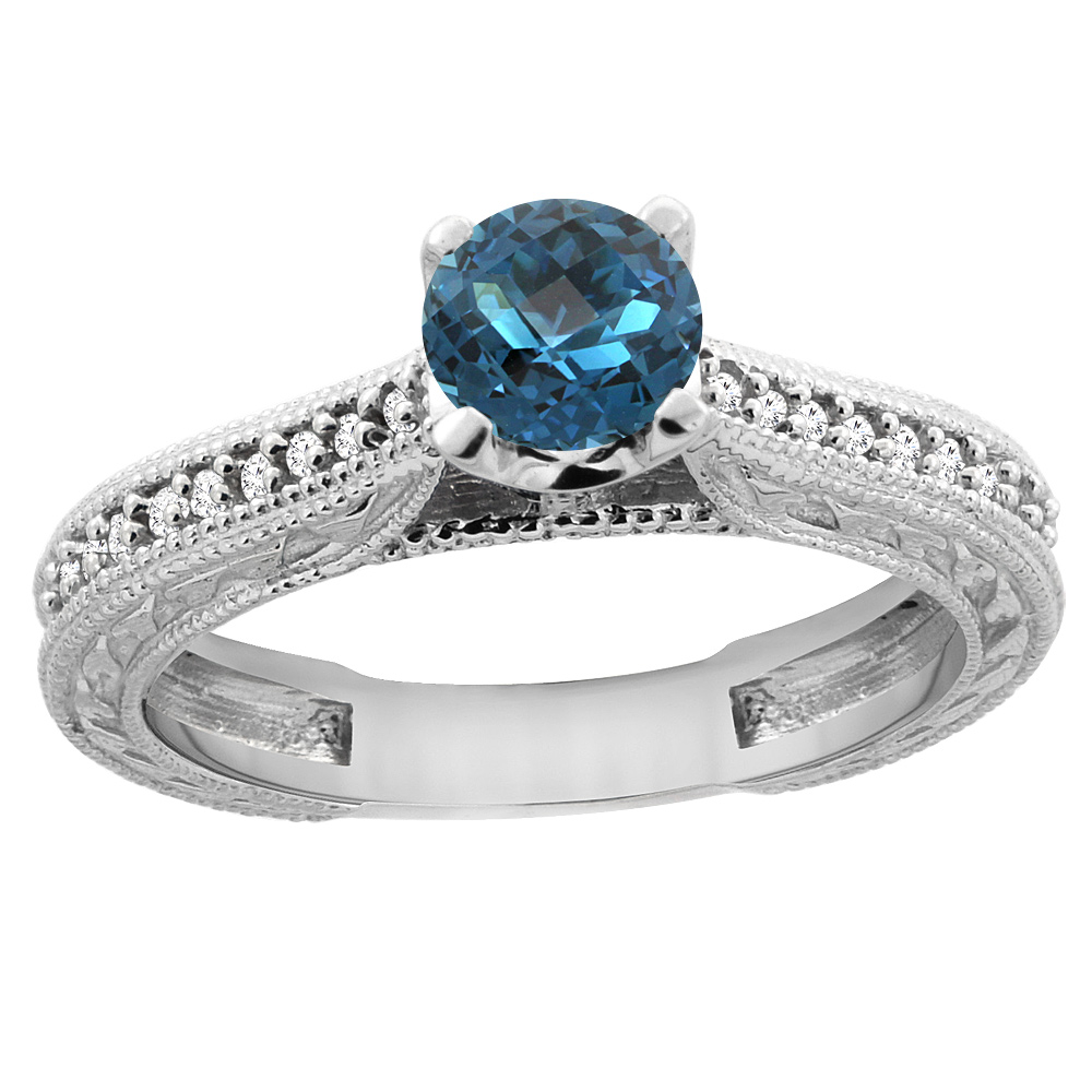 14K White Gold Natural London Blue Topaz Round 5mm Engraved Engagement Ring Diamond Accents, sizes 5 - 10