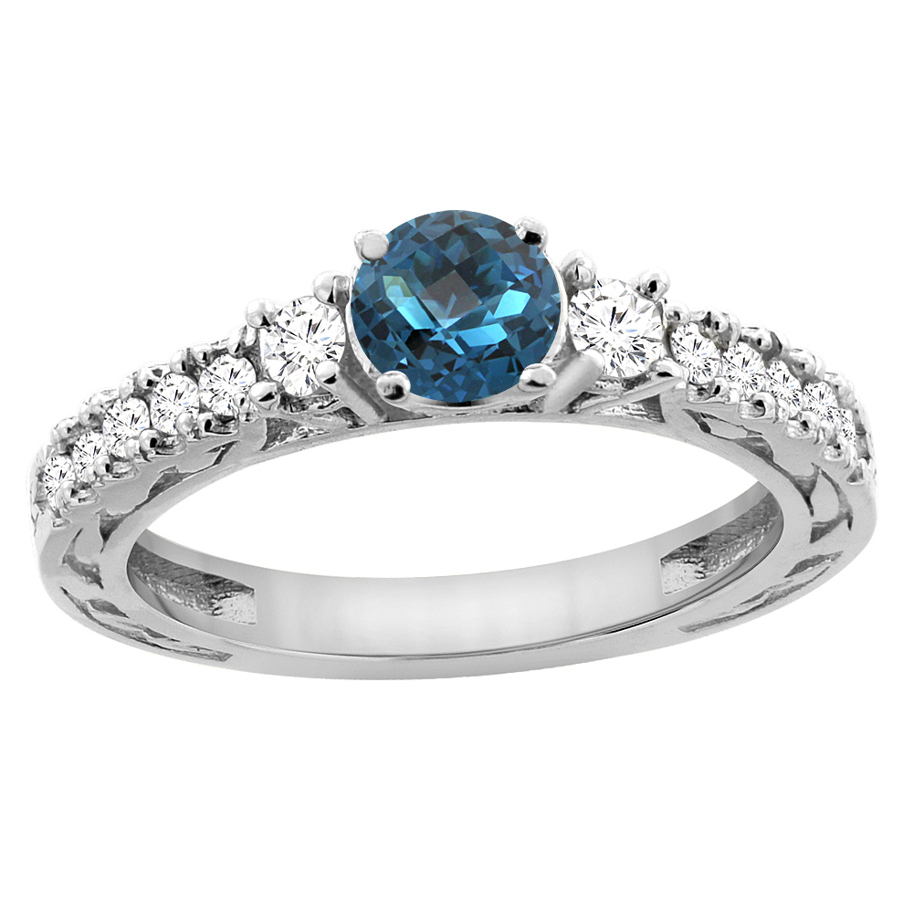 14K White Gold Natural London Blue Topaz Round 6mm Engraved Engagement Ring Diamond Accents, sizes 5 - 10