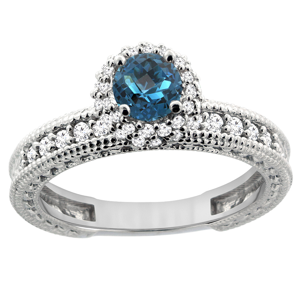 14K White Gold Natural London Blue Topaz Round 5mm Engagement Ring Diamond Accents, sizes 5 - 10