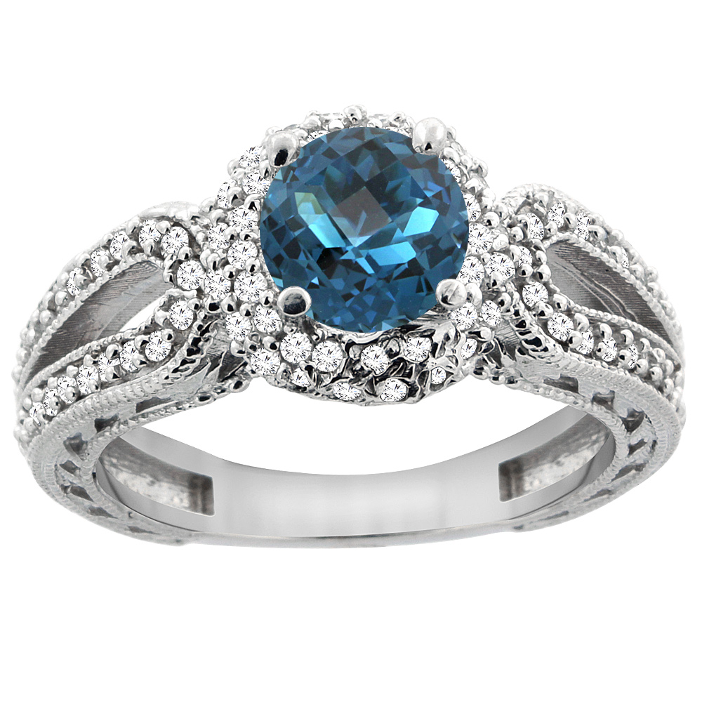 14K White Gold Natural London Blue Topaz Engagement Ring Round 6mm Engraved Split Shank Diamond Accents, sizes 5 - 10