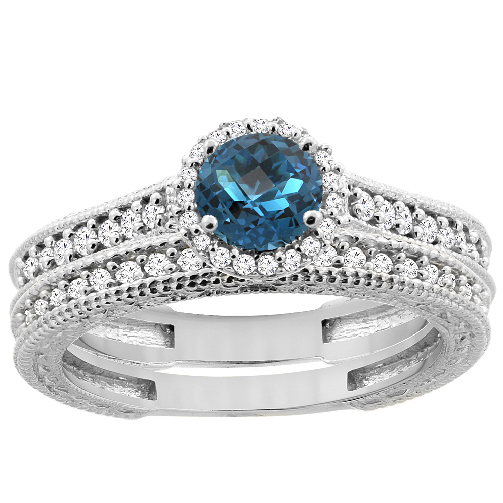 14K White Gold Natural London Blue Topaz Round 5mm Engagement Ring 2-piece Set Diamond Accents, sizes 5 - 10