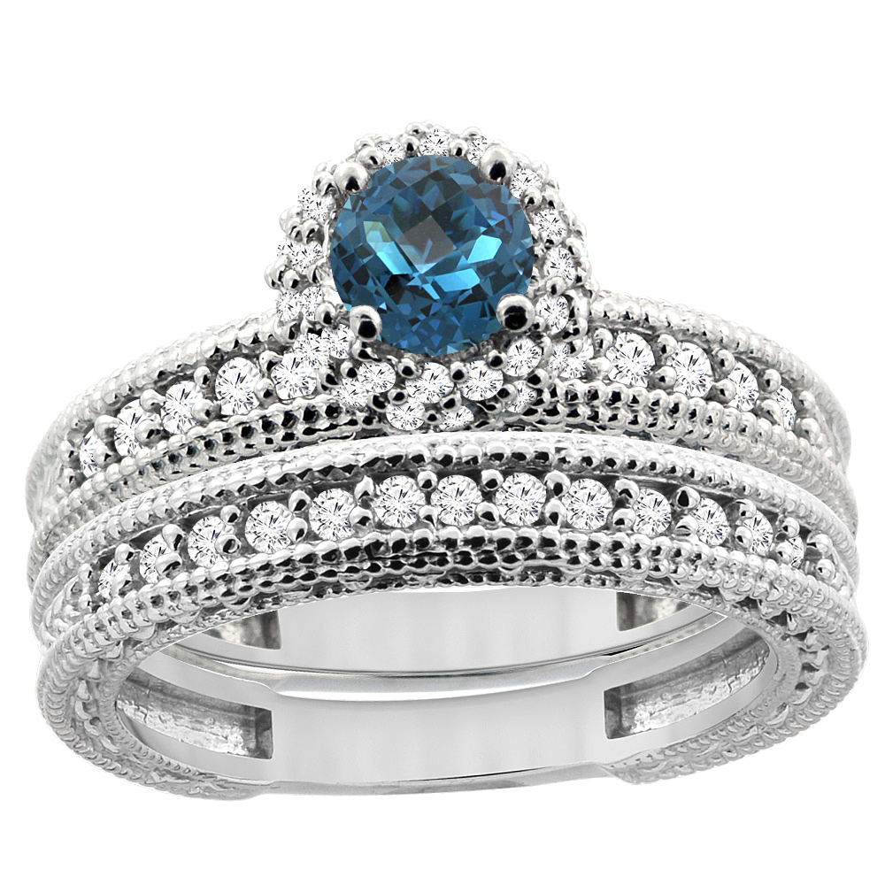 14K White Gold Diamond Natural London Blue Topaz Round 4mm Engagement Ring 2-piece Set, sizes 5 - 10