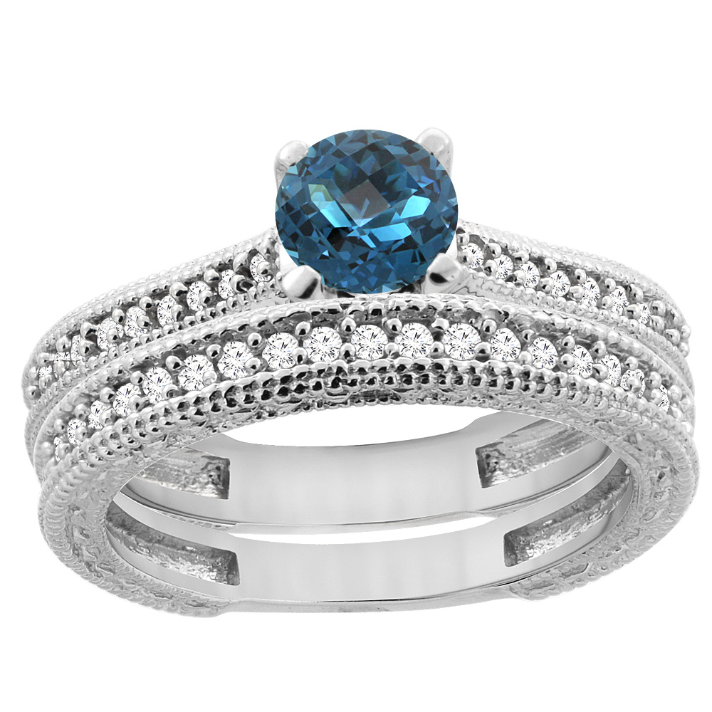 14K White Gold Natural London Blue Topaz Round 5mm Engraved Engagement Ring 2-piece Set Diamond Accents, sizes 5 - 10