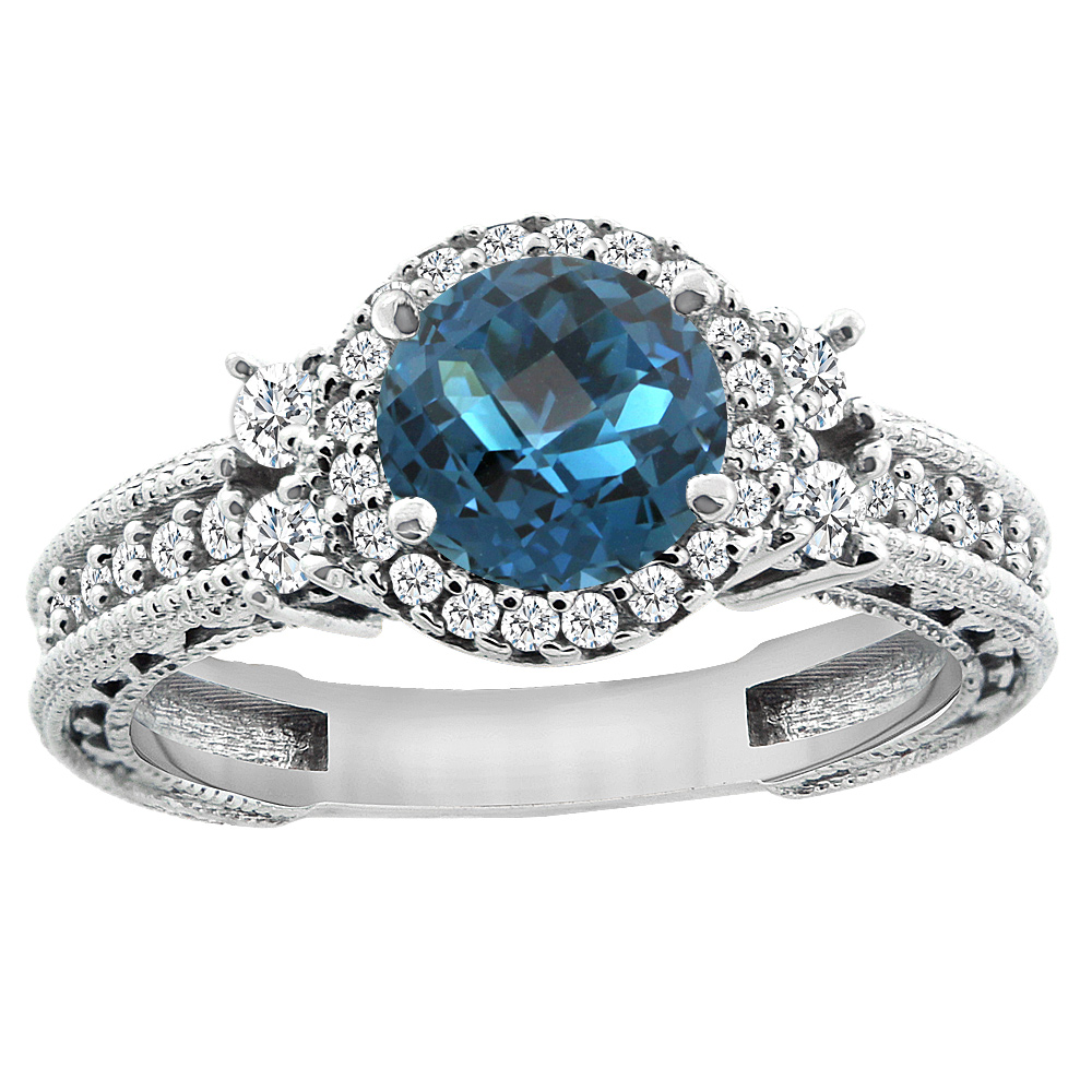 14K White Gold Natural London Blue Topaz Halo Engagement Ring Round 6mm Diamond Accents, sizes 5-10