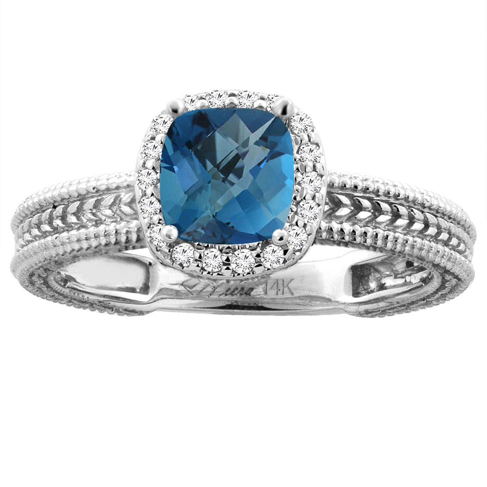 14K White Gold Diamond Natural London Blue Topaz Engagement Ring Cushion 7x7 mm, sizes 5-10