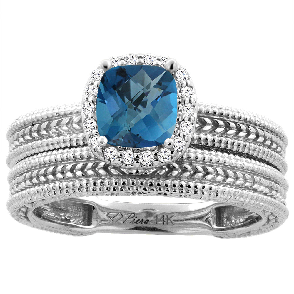 14K White Gold Diamond Natural London Blue Topaz 2-pc Engagement Ring Set Cushion 7x7 mm, sizes 5-10