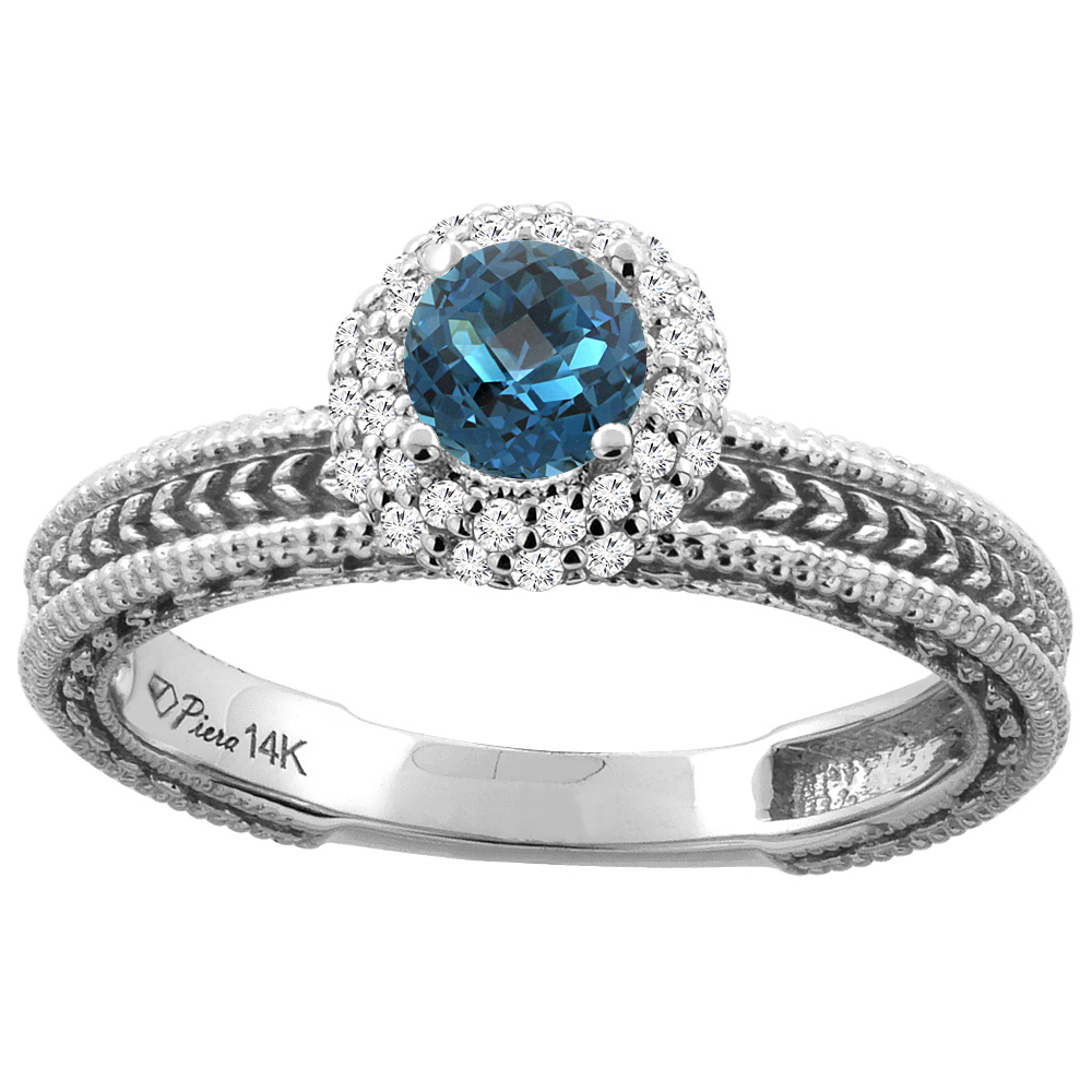 14K White Gold Natural London Blue Topaz &amp; Diamond Engagement Ring Round 5 mm, sizes 5-10