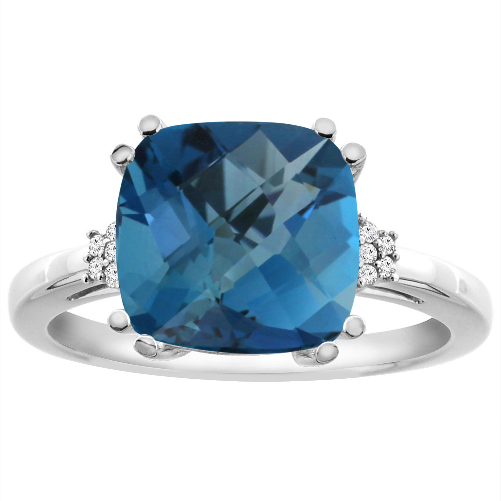 14K Yellow Gold Diamond Natural London Blue Topaz Engagement Ring Cushion-cut 10x10 mm, sizes 5-10