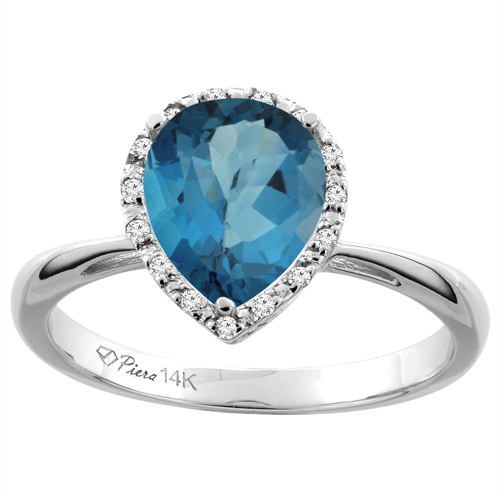 14K Yellow Gold Natural London Blue Topaz &amp; Diamond Halo Engagement Ring Pear Shape 9x7 mm, sizes 5-10