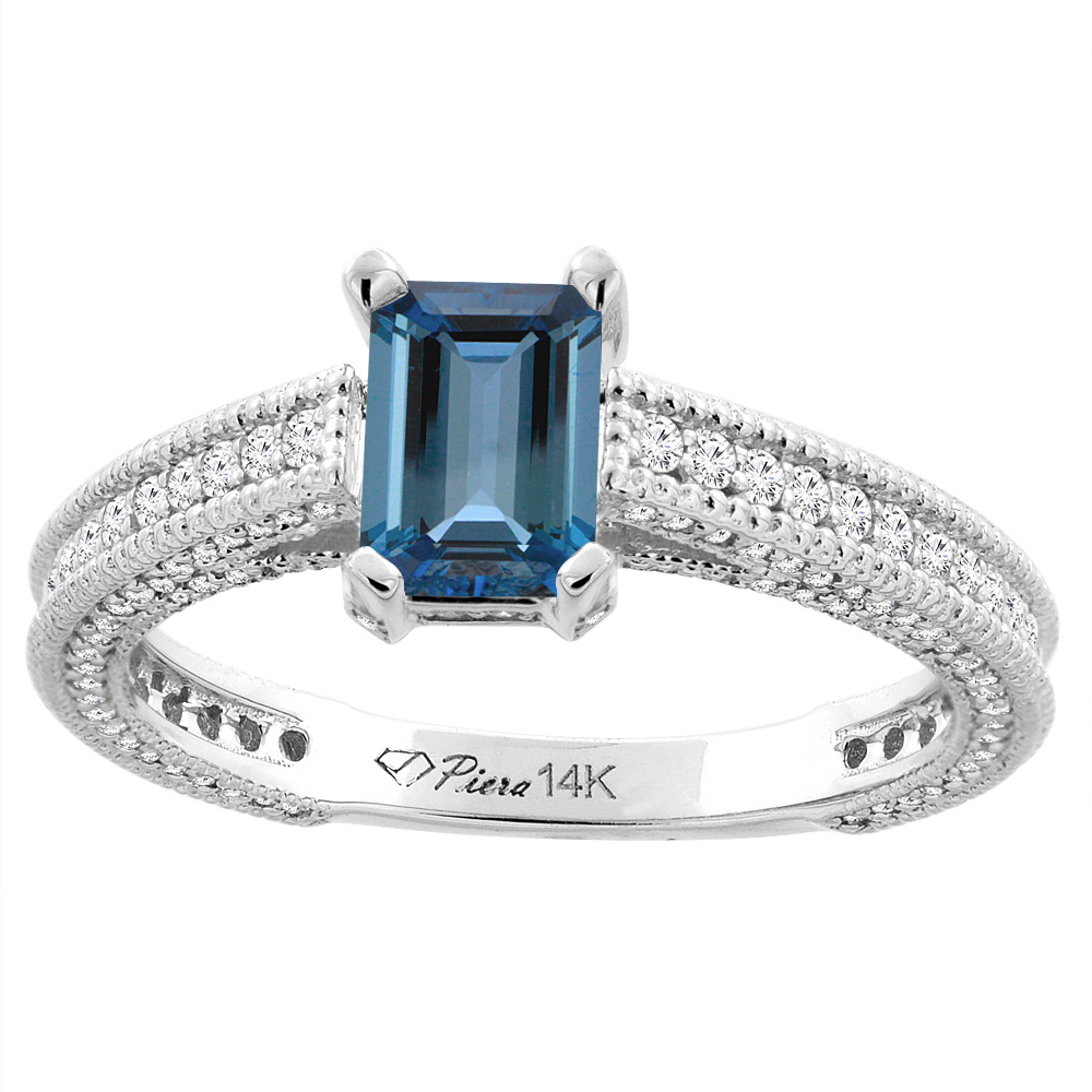 14K White Gold Natural London Blue Topaz & Diamond Ring Octagon 7x5 mm, sizes 5-10