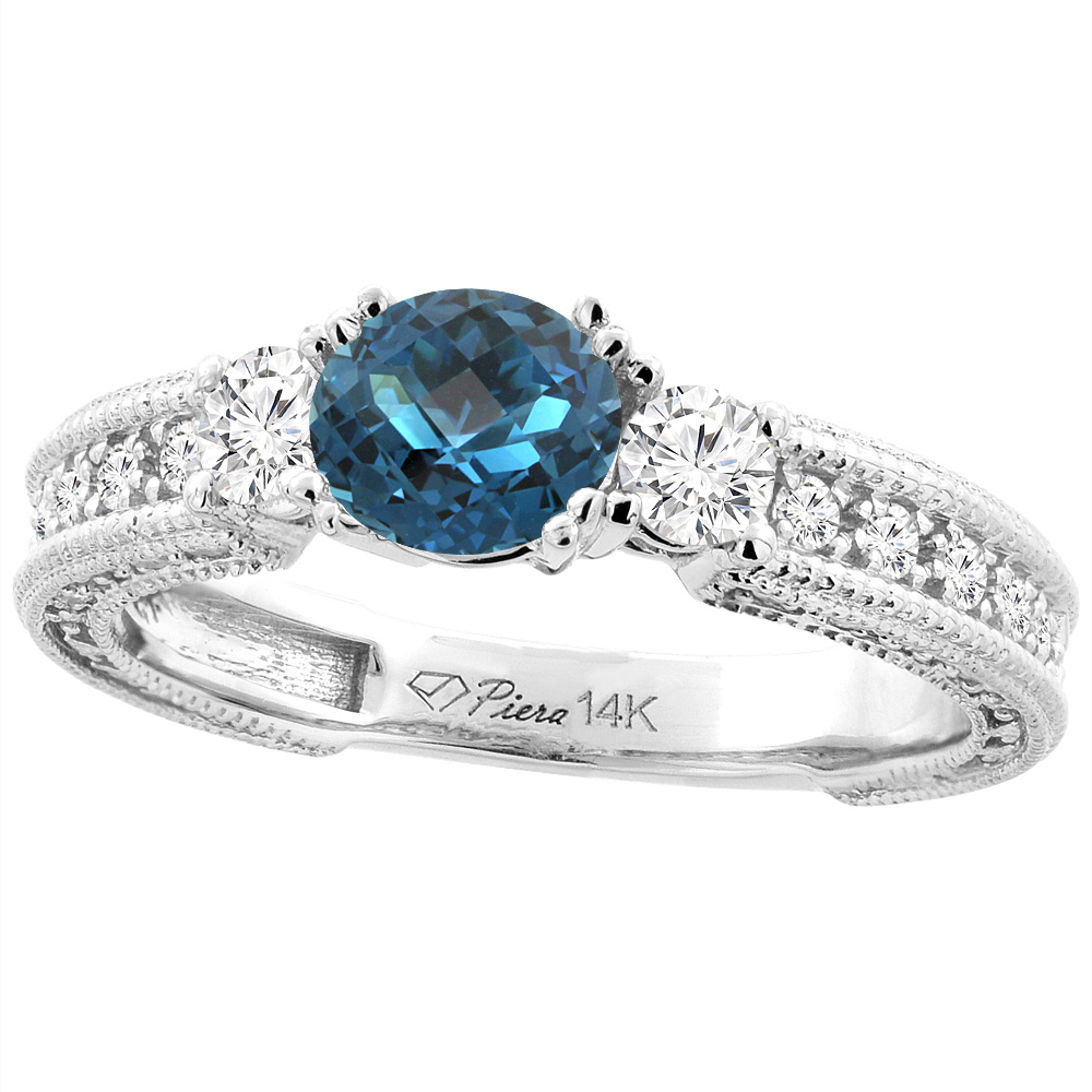 14K White Gold Natural London Blue Topaz & Diamond Ring Round 6 mm, sizes 5-10
