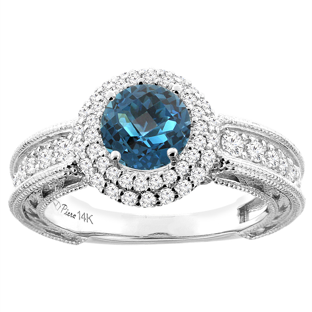 14K White Gold Natural London Blue Topaz & Diamond Halo Ring Round 6 mm, sizes 5-10