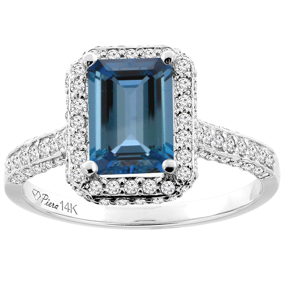 14K White Gold Natural London Blue Topaz Engagement Ring Octagon 8x6 mm, sizes 5-10