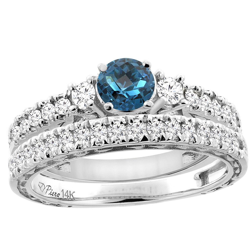 14K White Gold Diamond Natural London Blue Topaz Engagement 2-pc Ring Set Engraved Round 6 mm, sizes 5 - 10