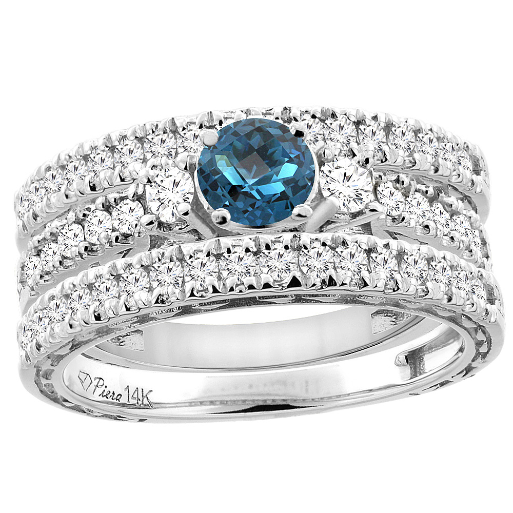 14K White Gold Diamond Natural London Blue Topaz Engagement 3-pc Ring Set Engraved Round 6 mm, sizes 5 - 10