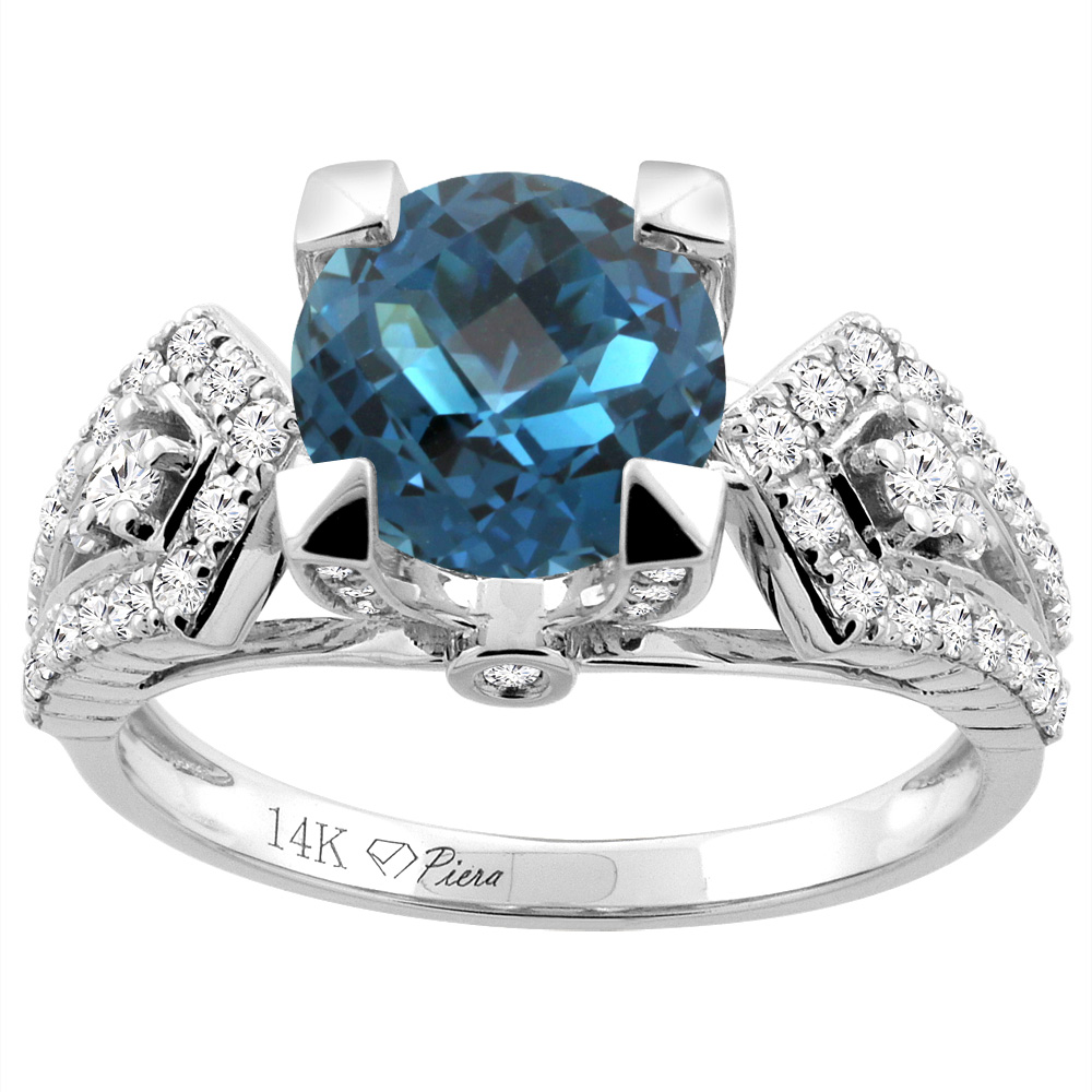 14K Gold Natural London Blue Topaz Ring Round 7 mm Diamond Accents, sizes 5 - 10