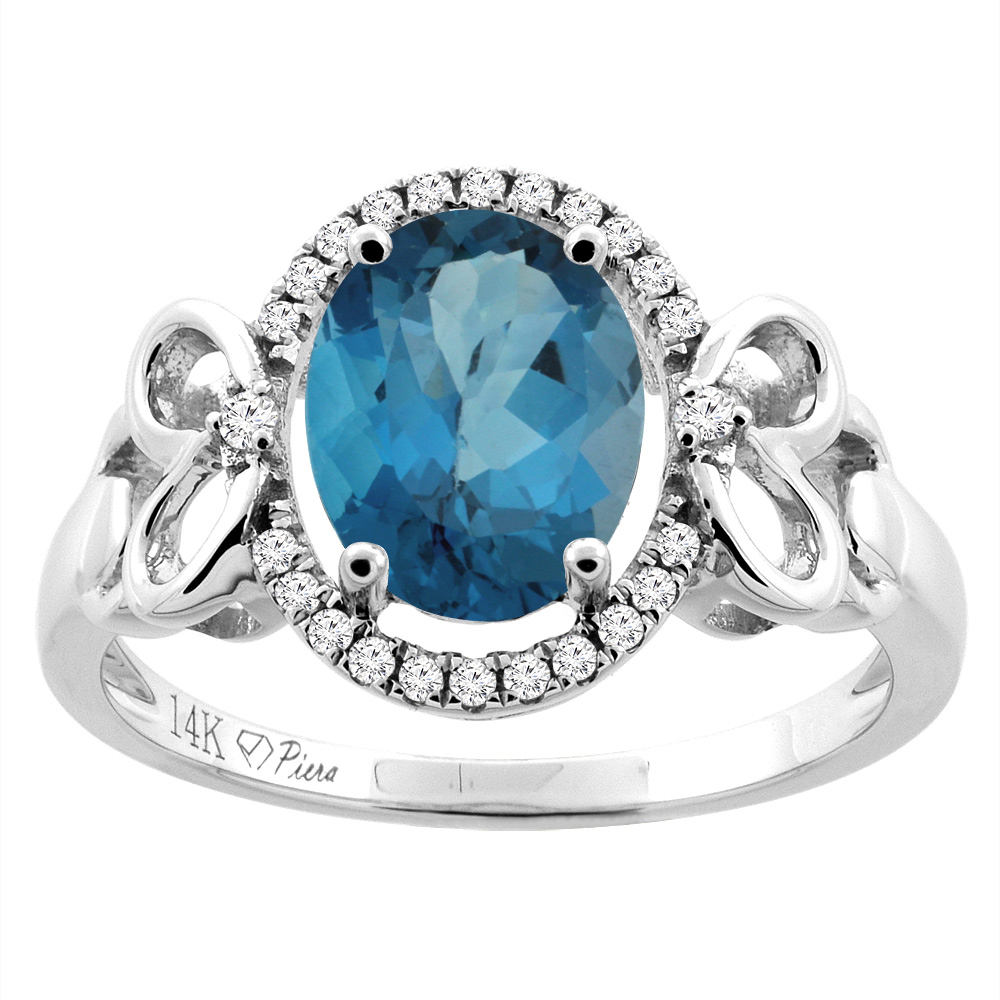 14K Gold Natural London Blue Topaz Halo Ring Oval 9x7 mm Diamond &amp; Heart Accents, sizes 5 - 10
