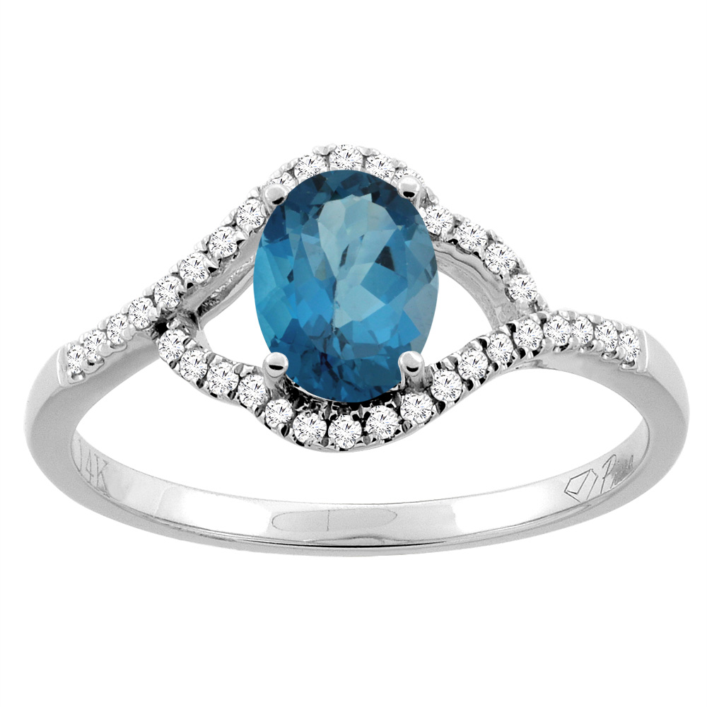14K Gold Diamond Natural London Blue Topaz Engagement Ring Oval 7x5 mm, sizes 5 - 10
