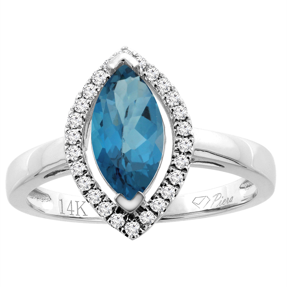 14K Gold Natural London Blue Topaz Halo Ring Marquise 10x5 mm Diamond Accents, sizes 5 - 10