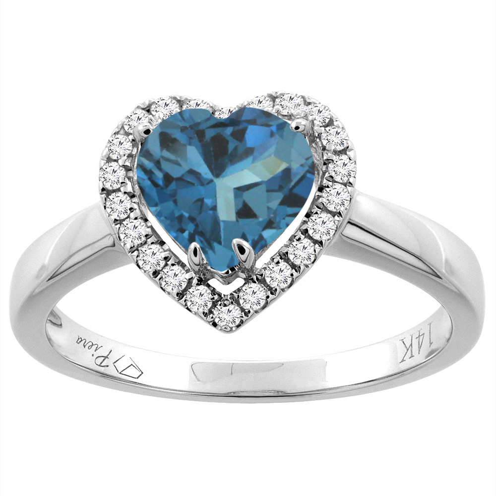 14K Gold Natural London Blue Topaz Halo Ring Heart 7x7 mm Diamond Accents, sizes 5 - 10