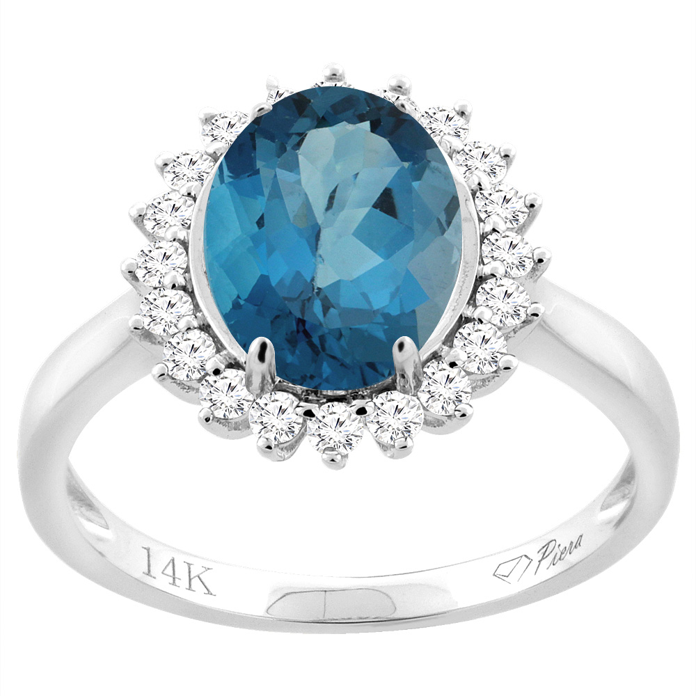 14K Yellow Gold Diamond Natural London Blue Topaz Engagement Ring Oval 10x8mm, sizes 5-10