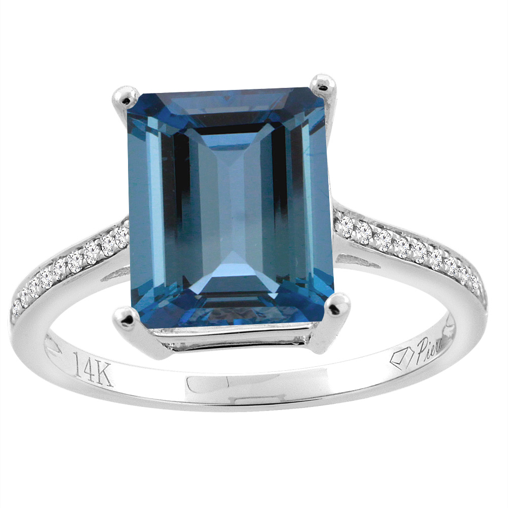 14K Gold Natural London Blue Topaz Ring Octagon 10x8 mm Diamond Accents, sizes 5 - 10