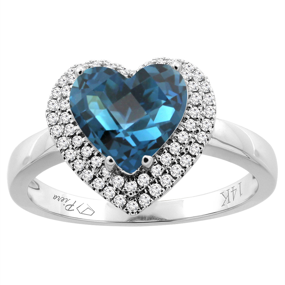 14K Gold Natural London Blue Topaz Ring Heart Shape 8 mm Diamond Accents, sizes 5 - 10
