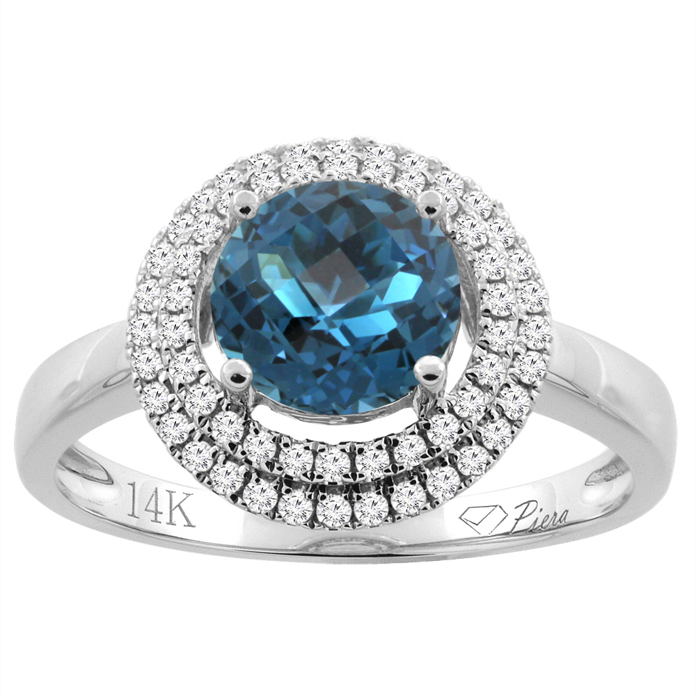 14K Gold Natural London Blue Topaz Ring Round 7 mm Double Halo Diamond Accents, sizes 5 - 10