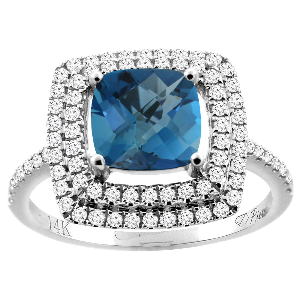 14K Gold Natural London Blue Topaz Ring Cushion Cut 7x7 mm Double Halo Diamond Accents, sizes 5 - 10