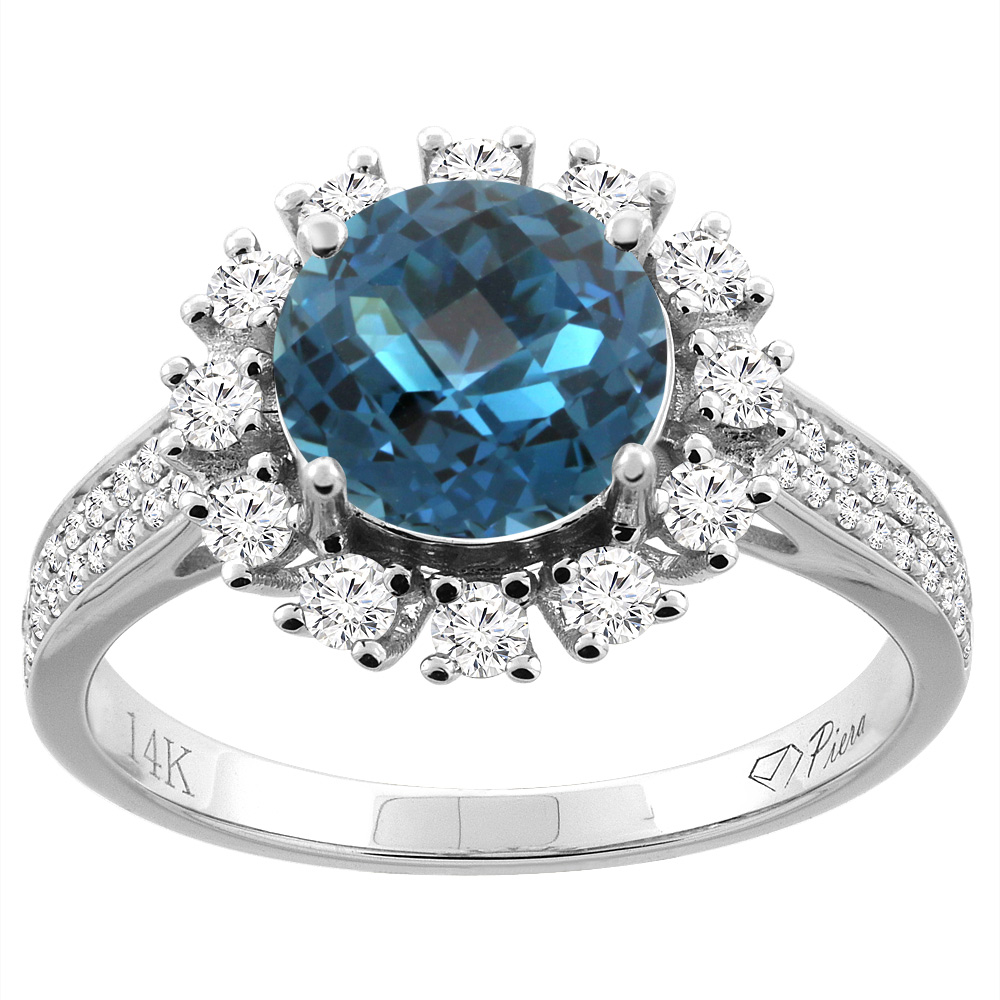 14K Gold Natural London Blue Topaz Ring Round 8 mm Diamond Accents, sizes 5 - 10